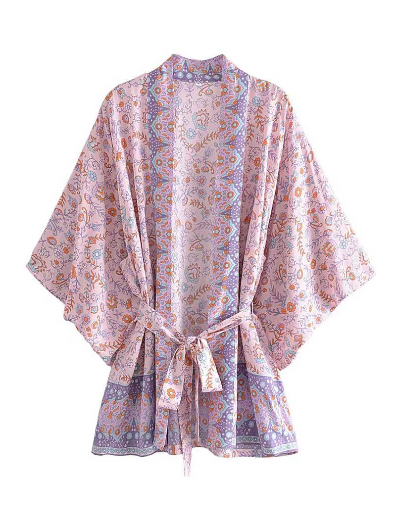 Short Floral Print Brown, Purple Orange Color Cotton Short Length Gown Kimono Duster Robe - Image 2