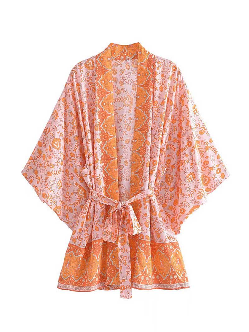 Short Floral Print Brown, Purple Orange Color Cotton Short Length Gown Kimono Duster Robe - Image 3