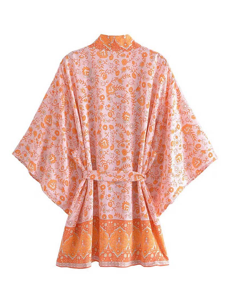 Short Floral Print Brown, Purple Orange Color Cotton Short Length Gown Kimono Duster Robe - Image 6