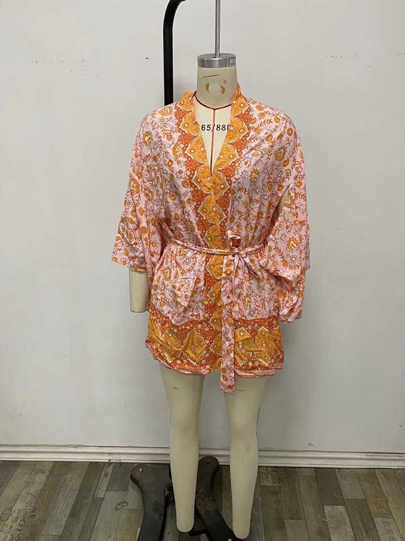 Short Floral Print Brown, Purple Orange Color Cotton Short Length Gown Kimono Duster Robe - Image 7