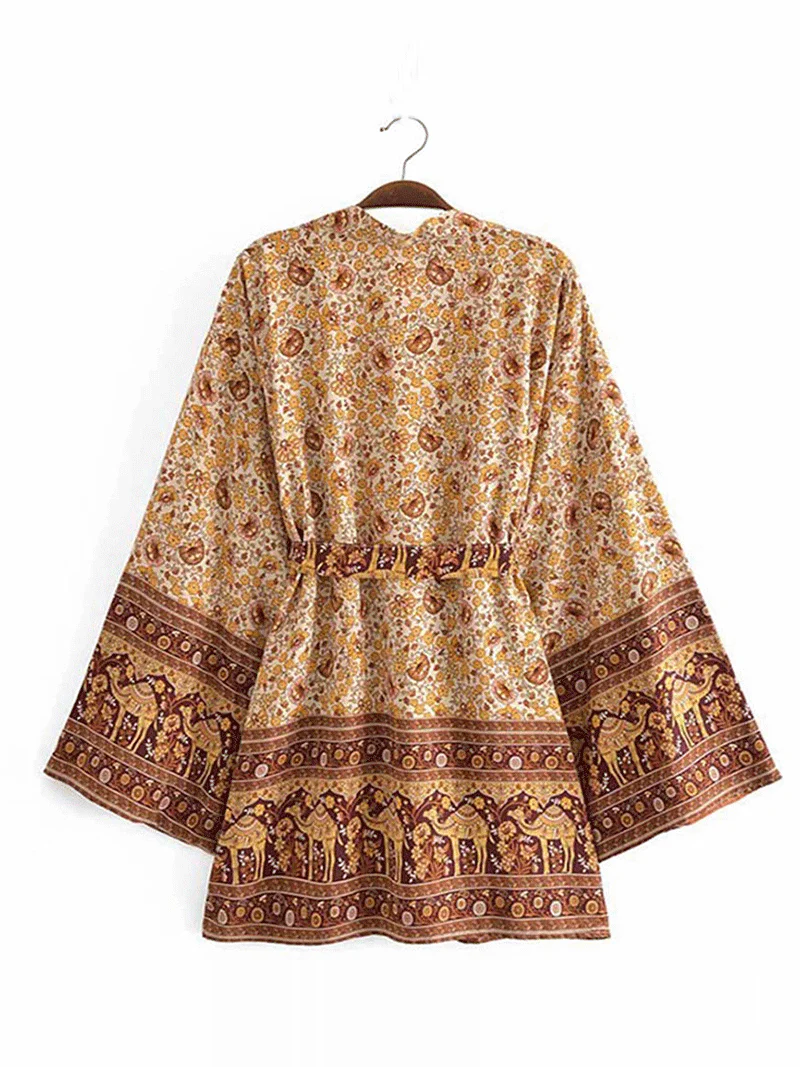 Short Kimono With Floral Print Brown Color Rayon Material Gown Robe Kimono - Image 2