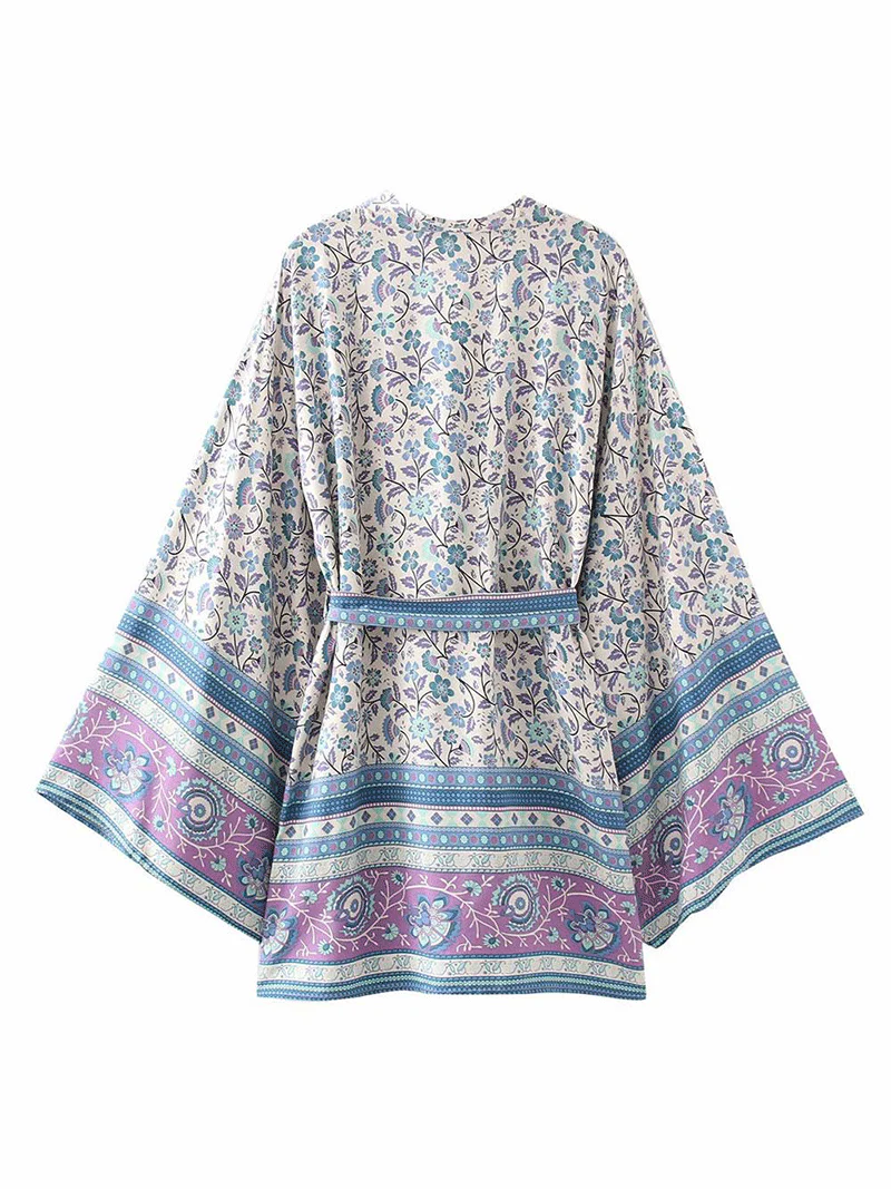 Short Kimono With Floral Print Light-Blue Cotton Short Length Gown Kimono Duster Robe - Image 2