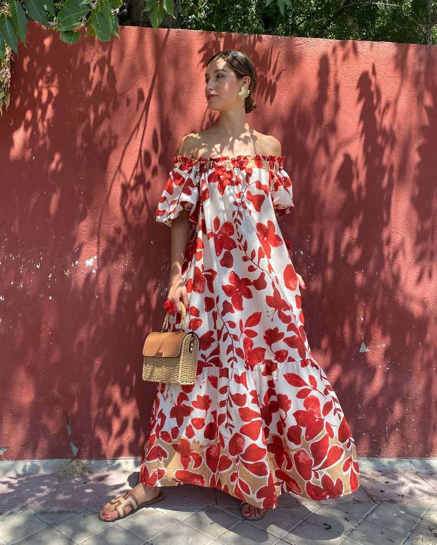 Floral Print Off-Shoulder Puff Sleeve Long Dress - Image 2