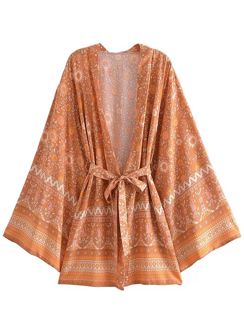 Short Kimono With Floral Print Pink & Yellow Cotton Short Length Gown Robe - Image 2