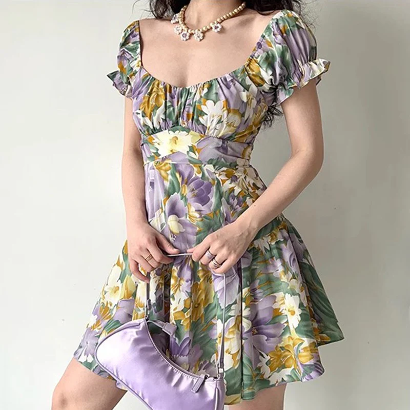 Floral Print Puff Sleeve Ruffle Short Dress - Image 2
