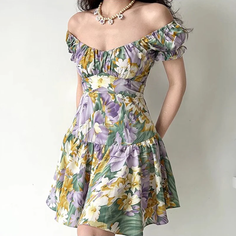 Floral Print Puff Sleeve Ruffle Short Dress - Image 3