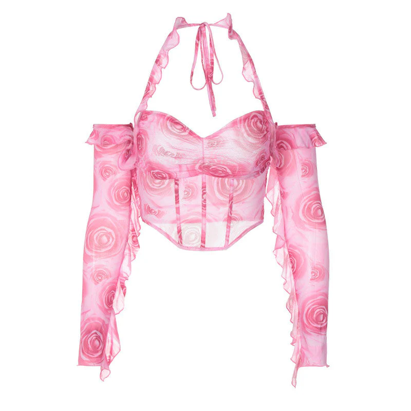 Floral Print Ruched Detail Cold Shoulder Halter Corset Crop Top - Pink - Image 3
