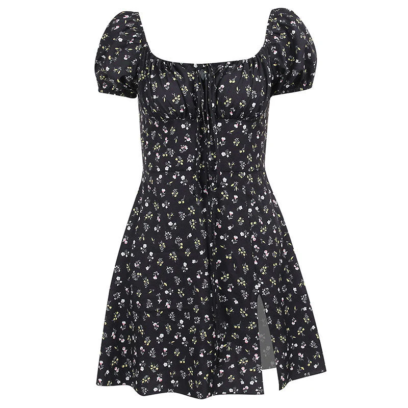 Floral Print Ruched Tie Front Split Trim Puff Sleeve Mini Sundress - Black - Image 3