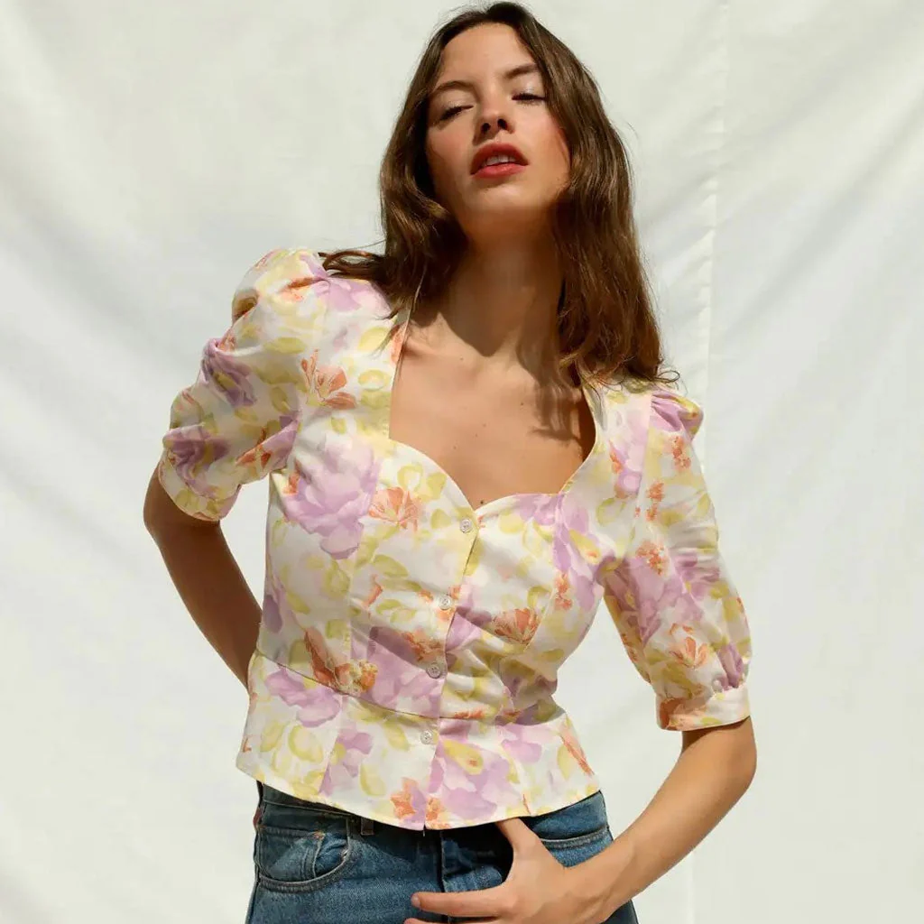 Floral Print Sweetheart Neck Puff Sleeve Linen Peplum Blouse - YelLow
