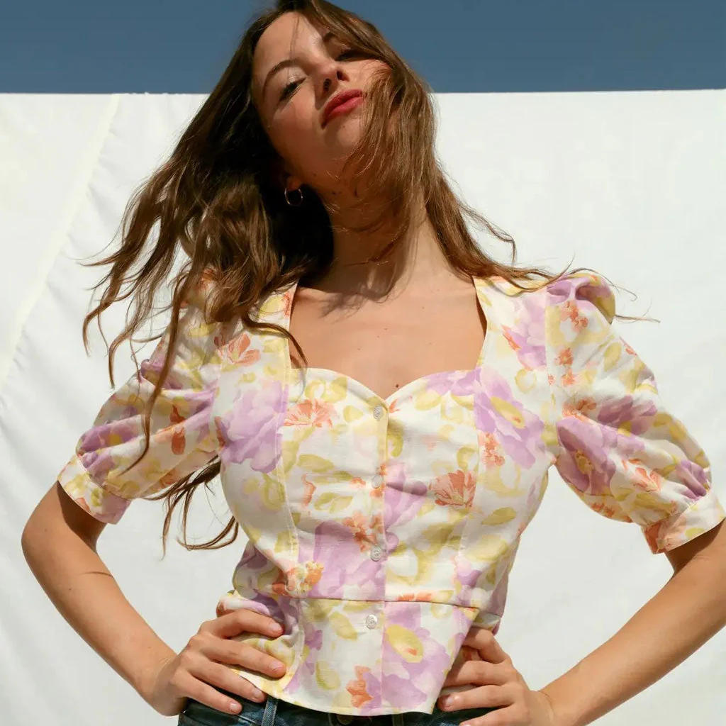 Floral Print Sweetheart Neck Puff Sleeve Linen Peplum Blouse - YelLow - Image 2
