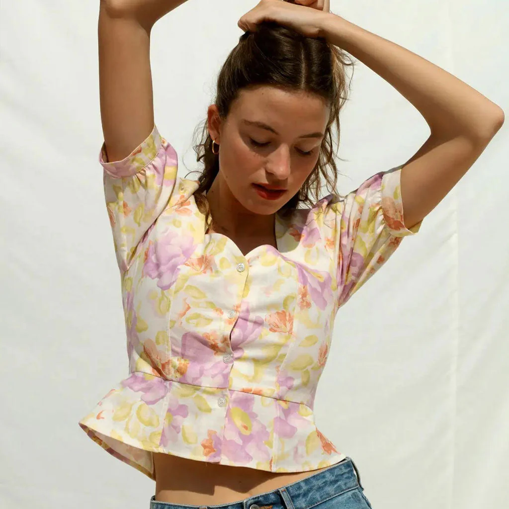 Floral Print Sweetheart Neck Puff Sleeve Linen Peplum Blouse - YelLow - Image 3