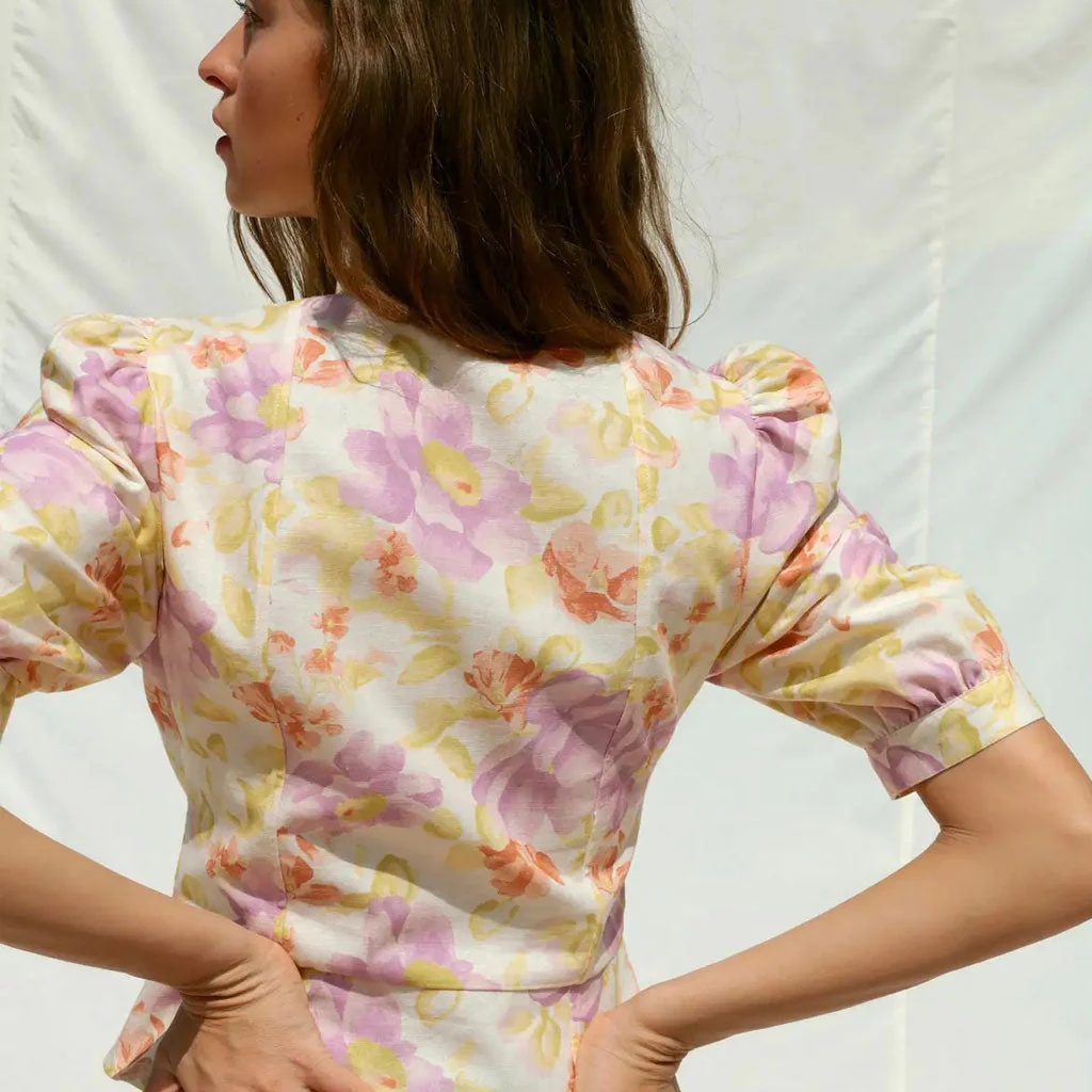 Floral Print Sweetheart Neck Puff Sleeve Linen Peplum Blouse - YelLow - Image 4