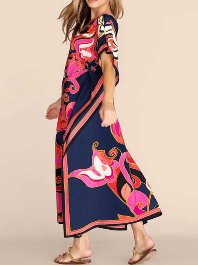 Floral Print V-Neck Short Sleeves Kaftan Dress - Image 7