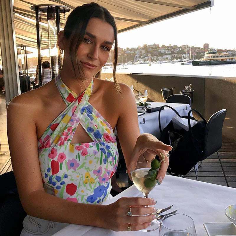 Cute Floral Printed Cross Halter Zip Back Crop Tube Top - Colorful - Image 3