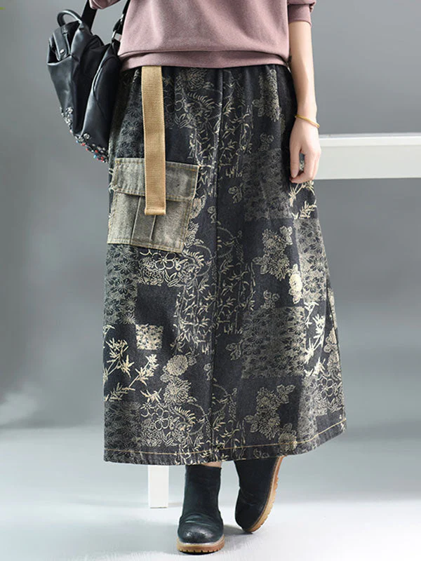 Floral Printing Denim Skirt - Image 2