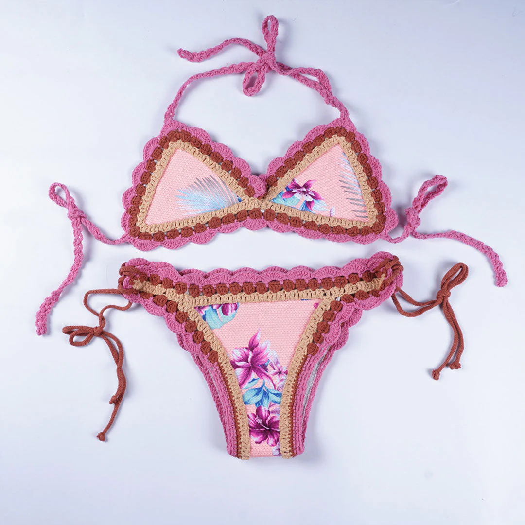 Boho Style Floral Scalloped Crochet Halter Triangle Bikini Set - Flower - Image 3