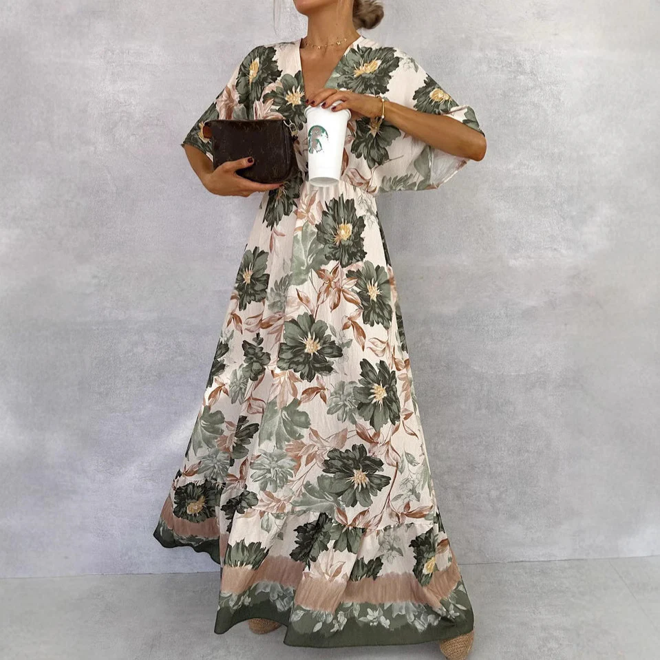 Floral Short Sleeve Waist Loose Full Hem Maxi Dress