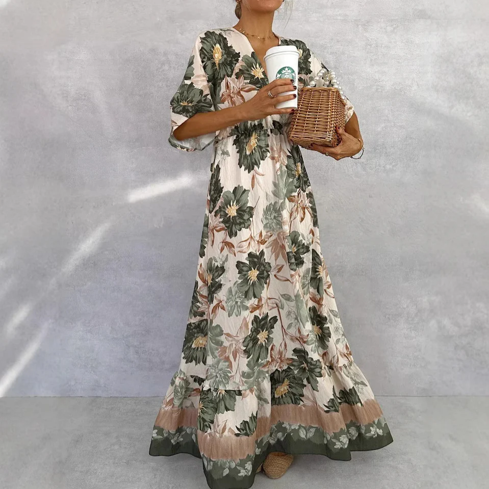 Floral Short Sleeve Waist Loose Full Hem Maxi Dress - Image 2