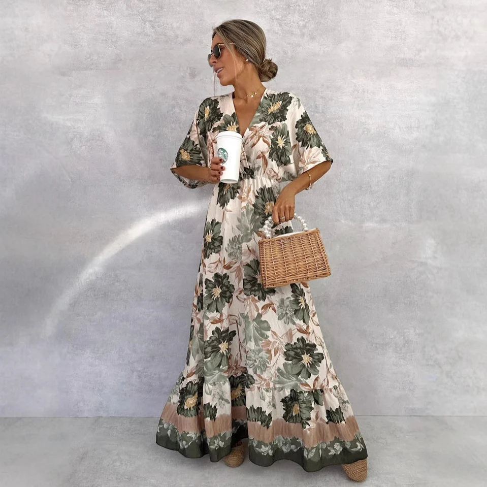 Floral Short Sleeve Waist Loose Full Hem Maxi Dress - Image 3