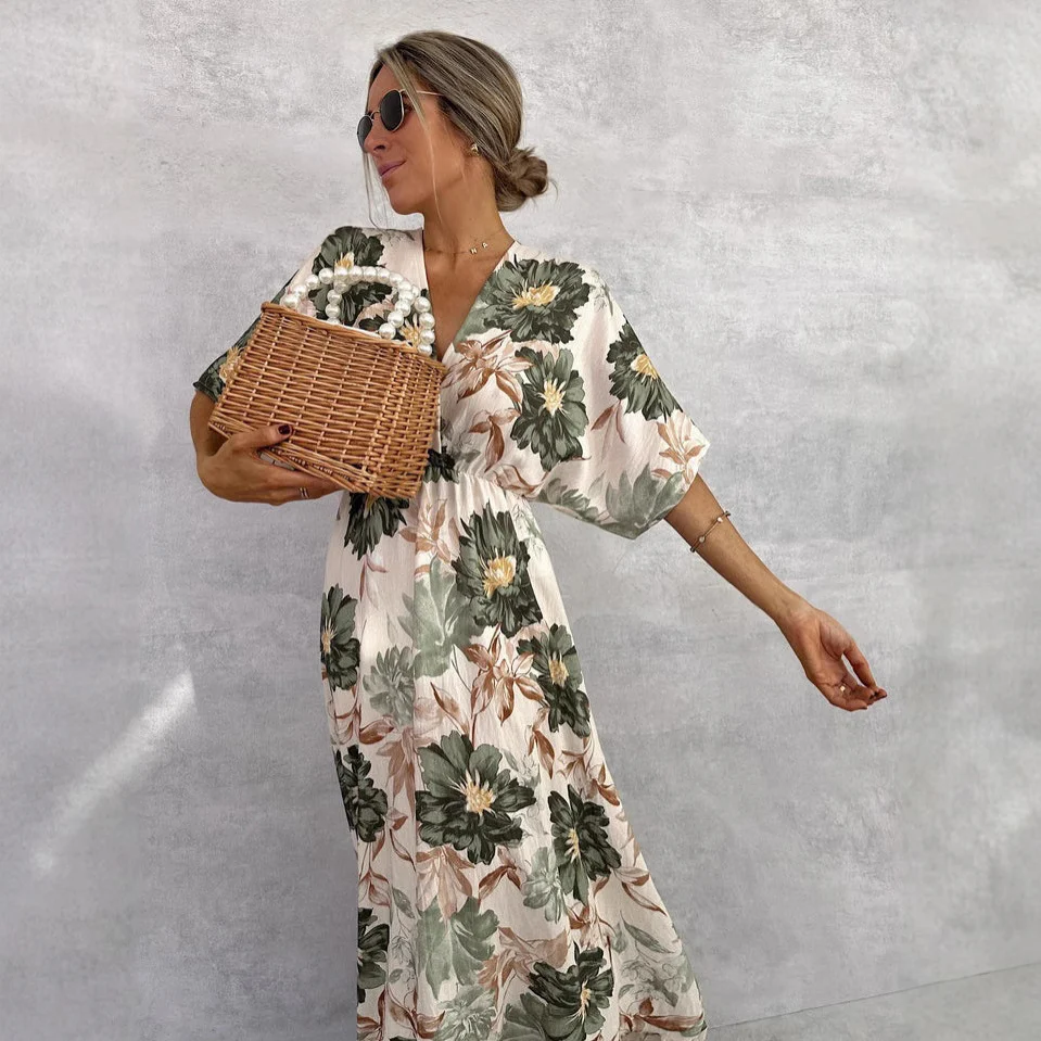 Floral Short Sleeve Waist Loose Full Hem Maxi Dress - Image 4