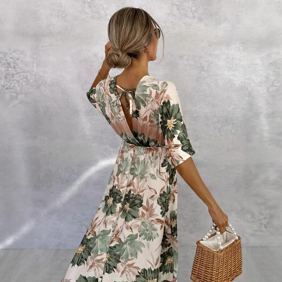 Floral Short Sleeve Waist Loose Full Hem Maxi Dress - Image 5