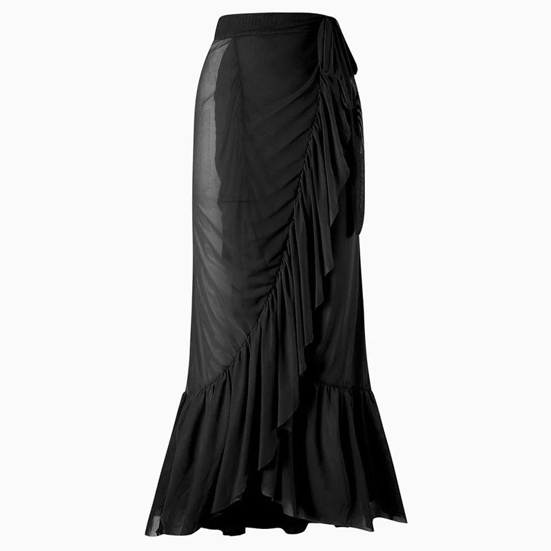 FLowy High Waist Bow Tie Mesh Ruffle Mermaid Maxi Wrap Sarong Cover Up - Image 3