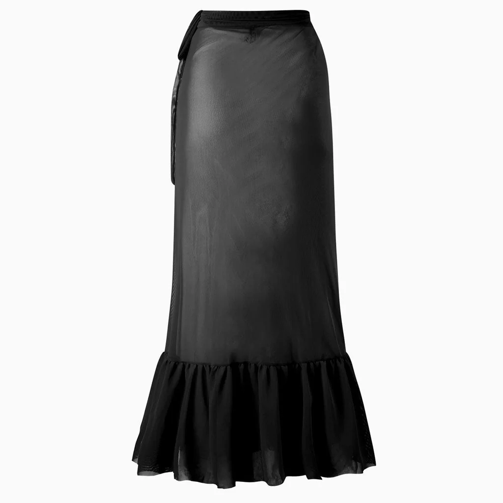 FLowy High Waist Bow Tie Mesh Ruffle Mermaid Maxi Wrap Sarong Cover Up - Image 4