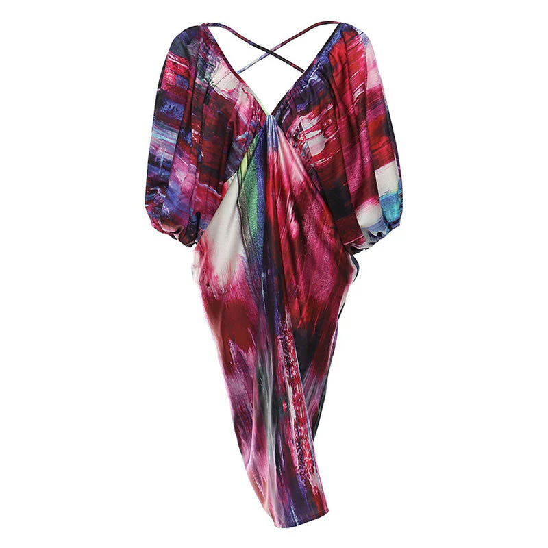 FLowy Puff Sleeve Ruched V Neck Cross Open Back Oversized Midi Dress - Image 4