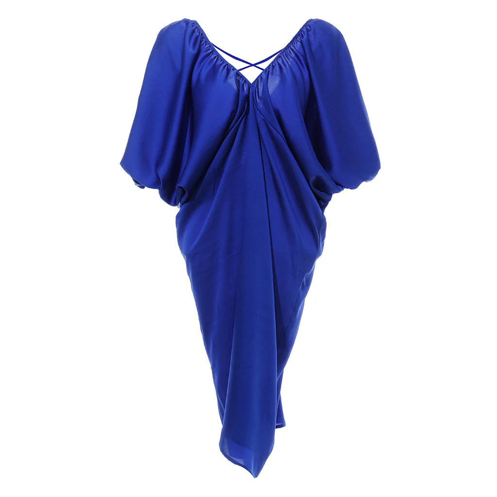 FLowy Puff Sleeve Ruched V Neck Cross Open Back Oversized Midi Dress - Image 5