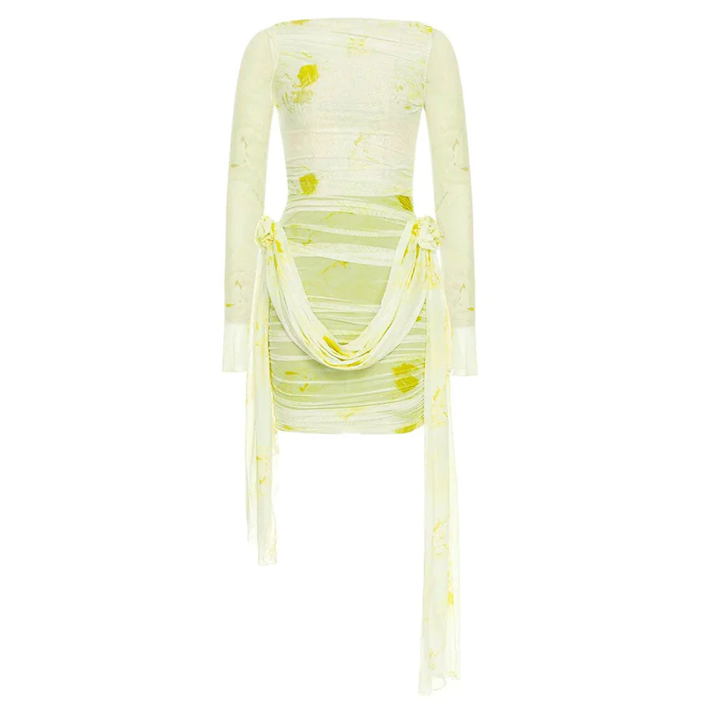FLowy Sash Rose Detail Boat Neck Flared Sleeve Floral Mesh Party Ruched Mini Dress - Image 5