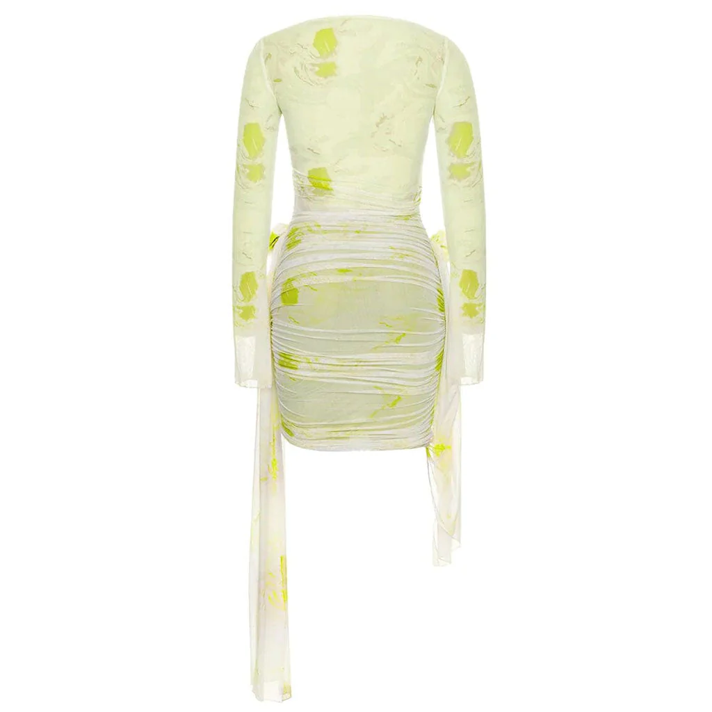 FLowy Sash Rose Detail Boat Neck Flared Sleeve Floral Mesh Party Ruched Mini Dress - Image 6