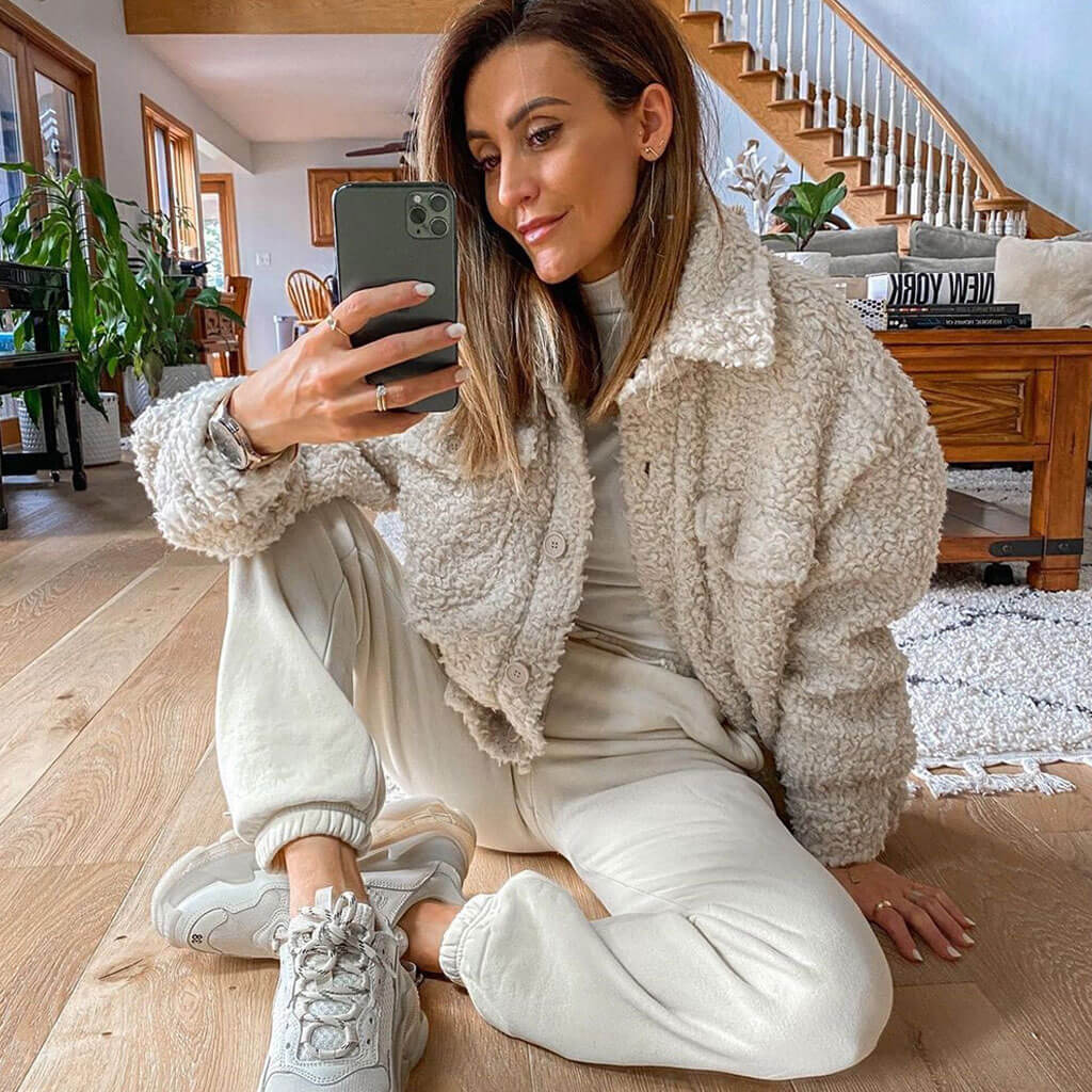 Fluffy Collared Button Down Long Sleeve Faux Fur Shacket - Beige - Image 3