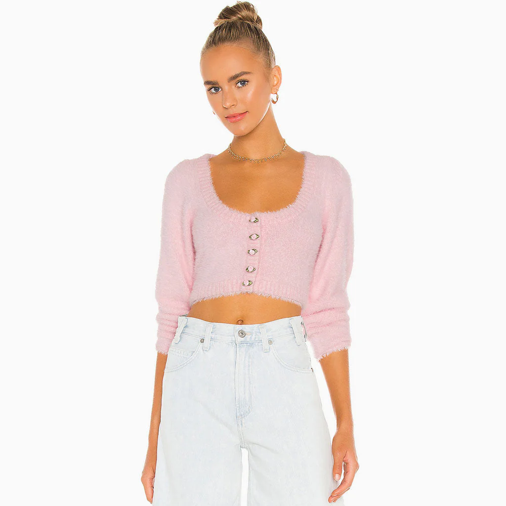 Fluffy Rose Button Scoop Neck Long Sleeve Knit Crop Sweater - Pink - Image 3