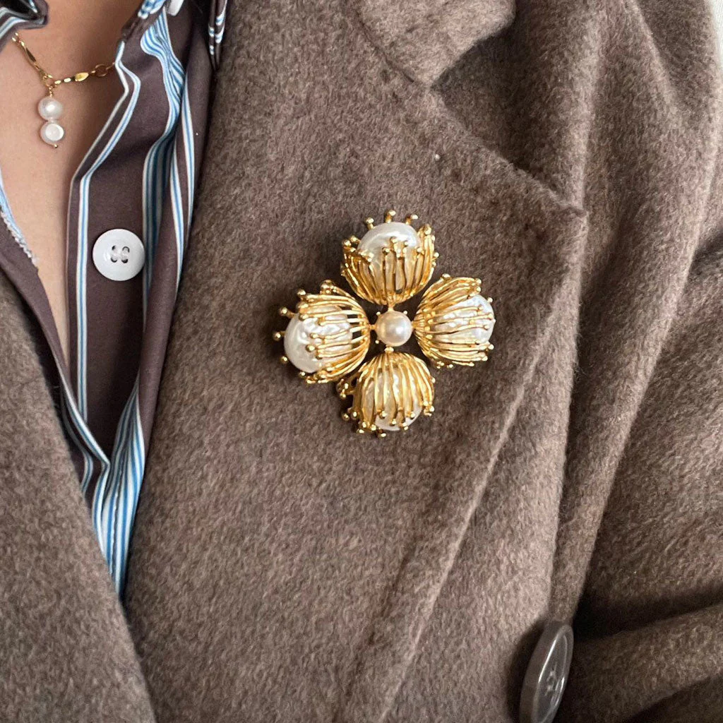 FOR YOU IN FULL BLOSSOM 18K Gold Plated Pearl FLower Bud Brooch