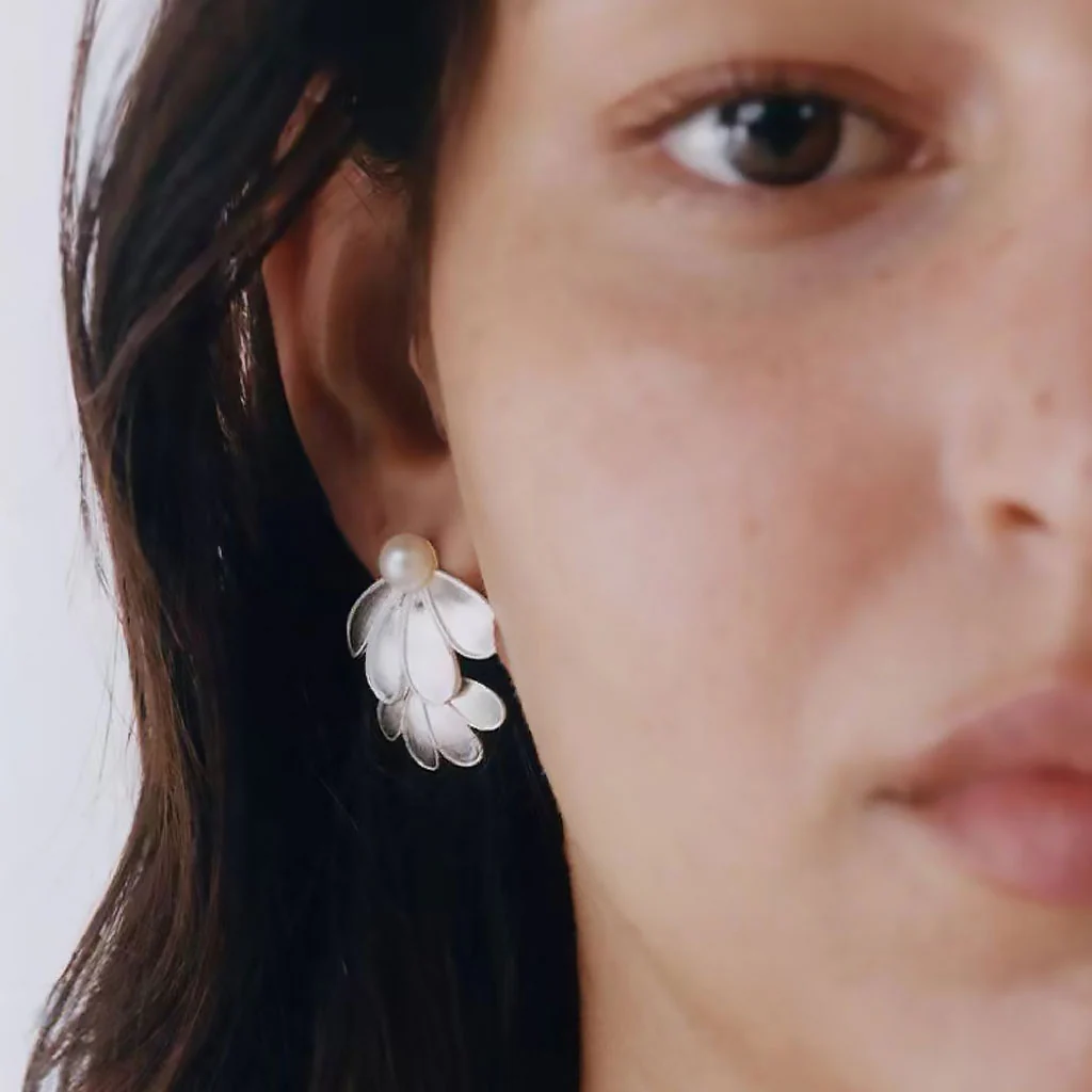 FOR YOU IN FULL BLOSSOM Pearl Brushed Layered Petal Stud Earrings - Image 2