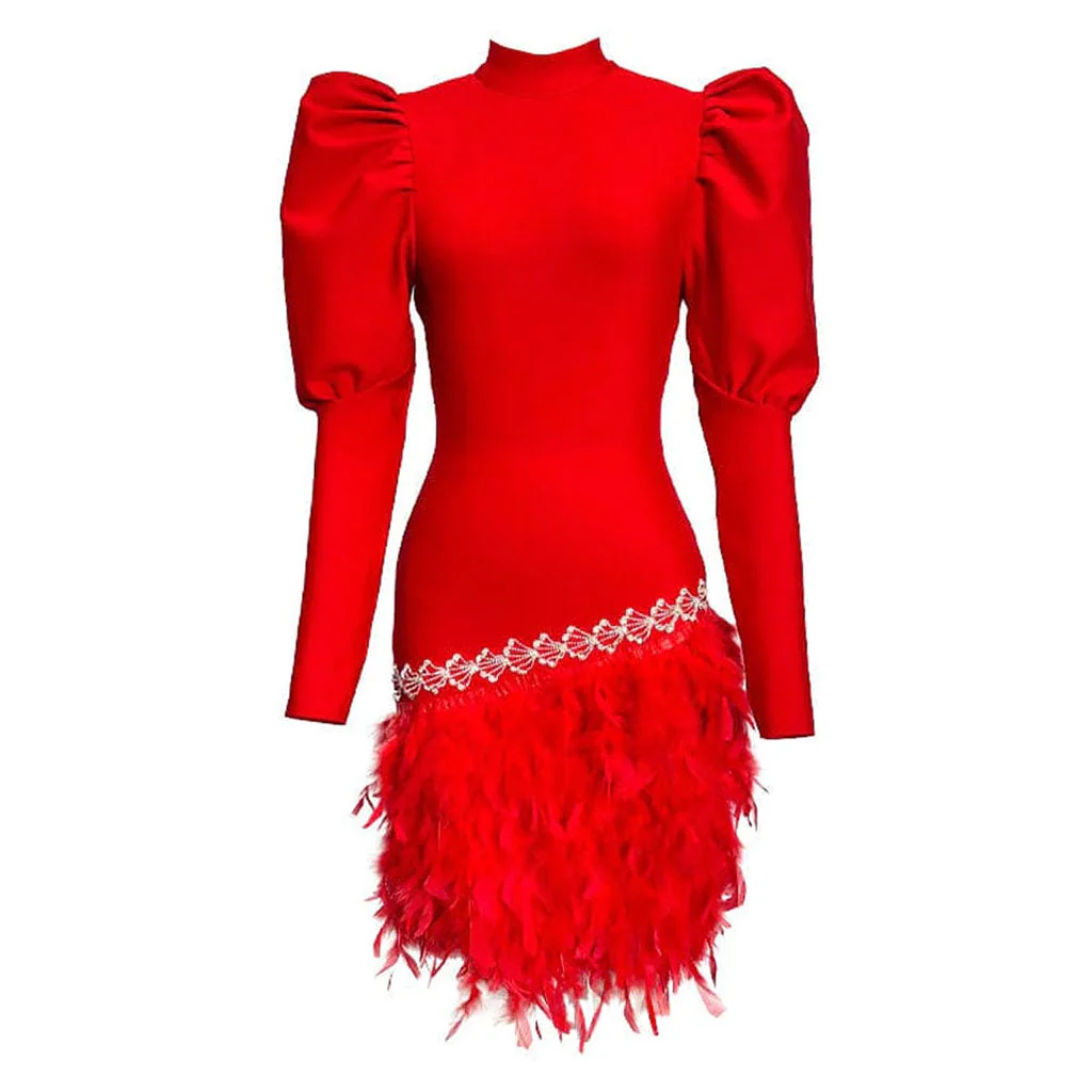 Formal Crystal Feather Trim Leg of Mutton Sleeve Bandage Bodycon Mini Dress - Image 4