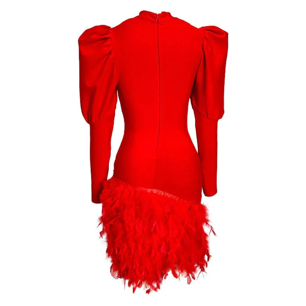 Formal Crystal Feather Trim Leg of Mutton Sleeve Bandage Bodycon Mini Dress - Image 5
