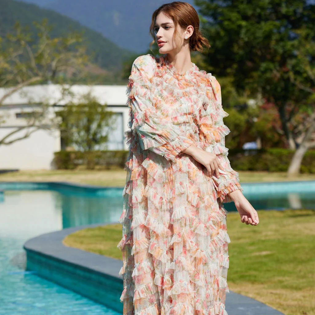 French Style Crew Neck 3/4 Sleeve A Line Printed Floral Tulle Ruffle Maxi Dress - Image 2