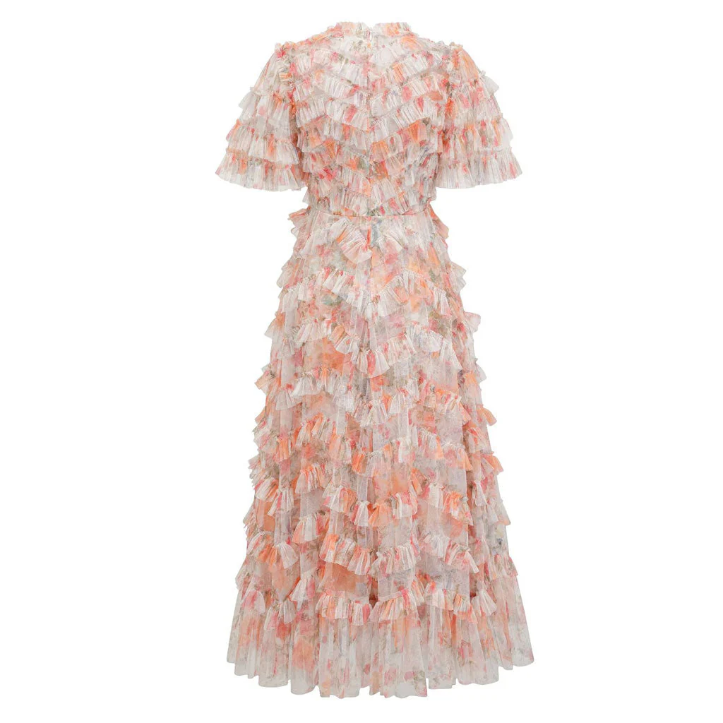 French Style Crew Neck 3/4 Sleeve A Line Printed Floral Tulle Ruffle Maxi Dress - Image 6