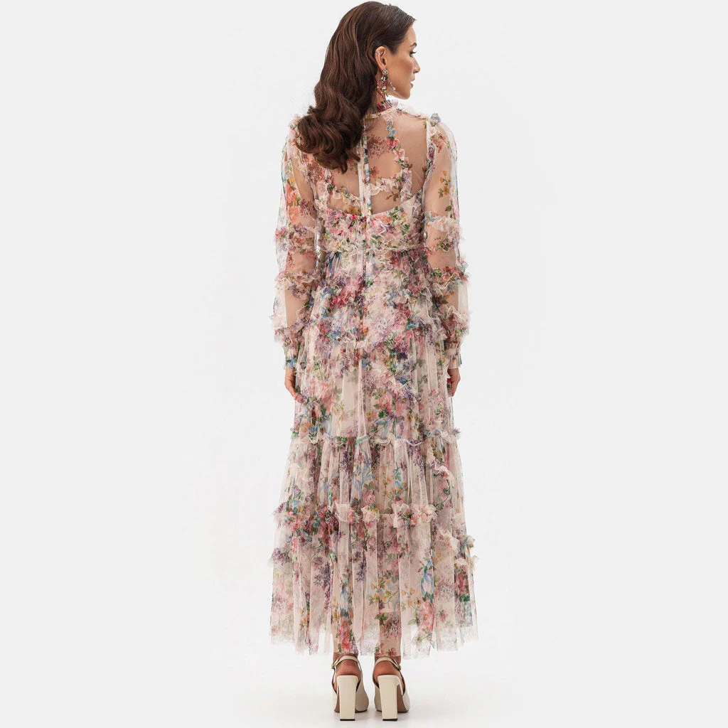French Style High Neck Bishop Sleeve A Line Ruffle Tiered Floral Tulle Maxi Dress - Image 3