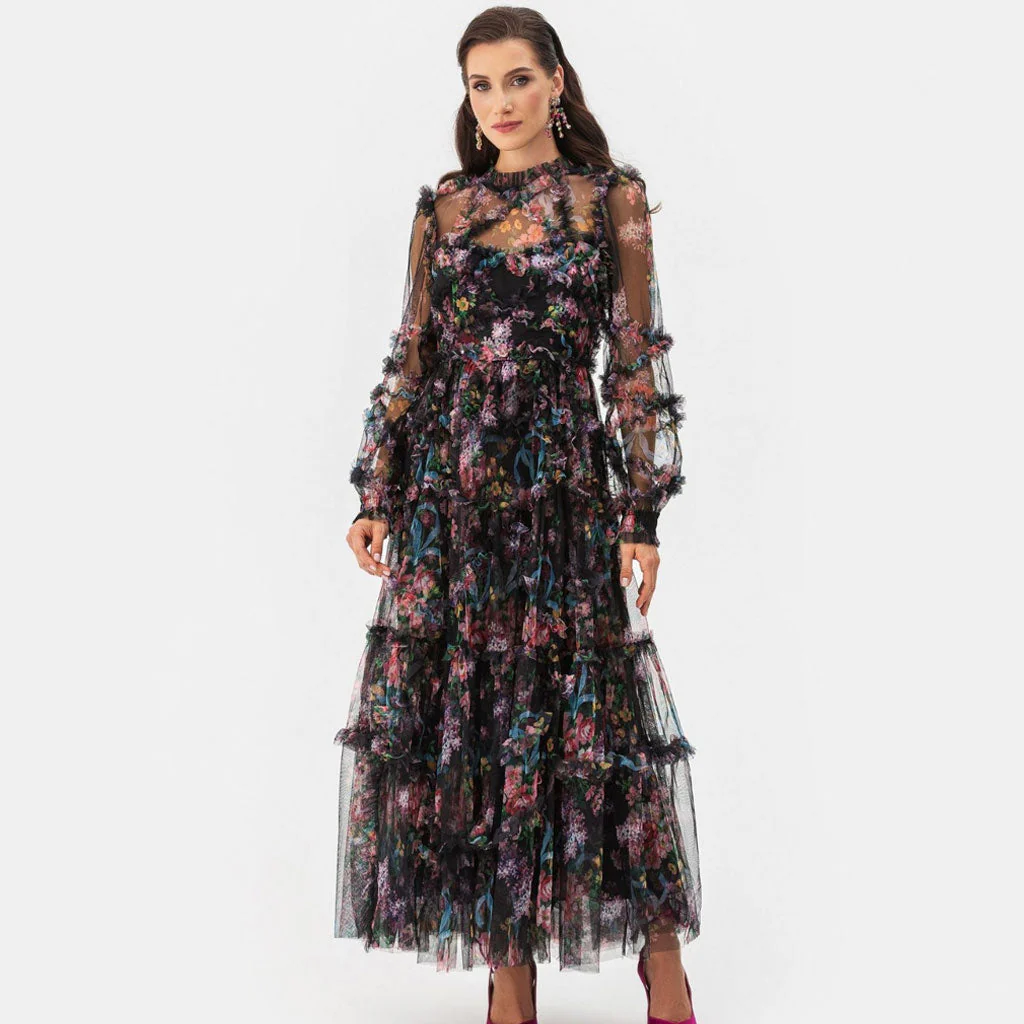 French Style High Neck Bishop Sleeve A Line Ruffle Tiered Floral Tulle Maxi Dress - Image 4