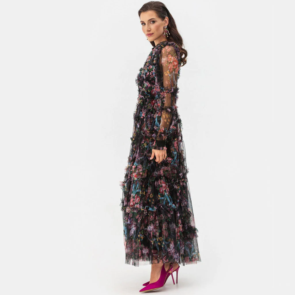 French Style High Neck Bishop Sleeve A Line Ruffle Tiered Floral Tulle Maxi Dress - Image 5