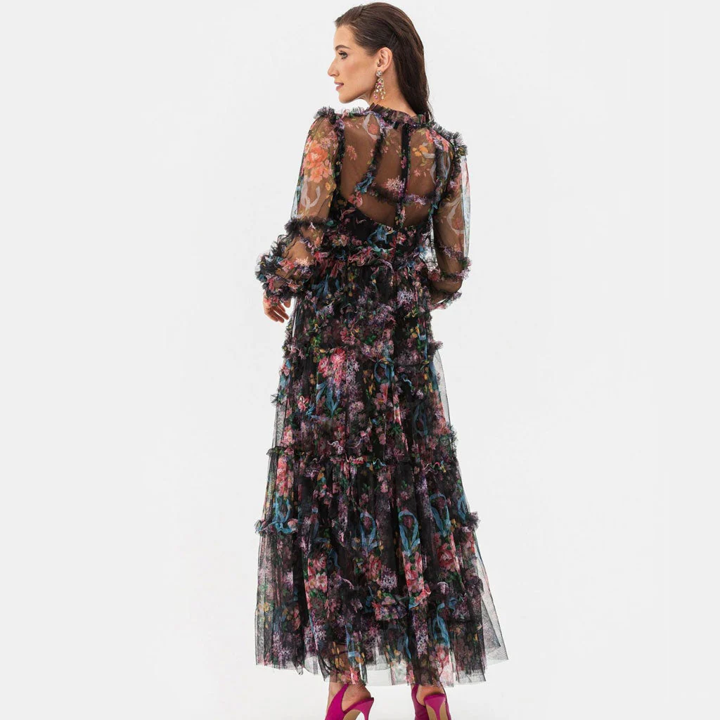 French Style High Neck Bishop Sleeve A Line Ruffle Tiered Floral Tulle Maxi Dress - Image 6
