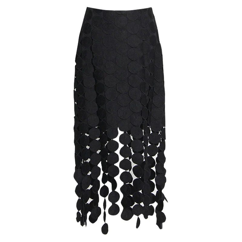 French Style High Waist Laser Cut Circle Fringe Asymmetrical Layered Midi Skirt - Image 2