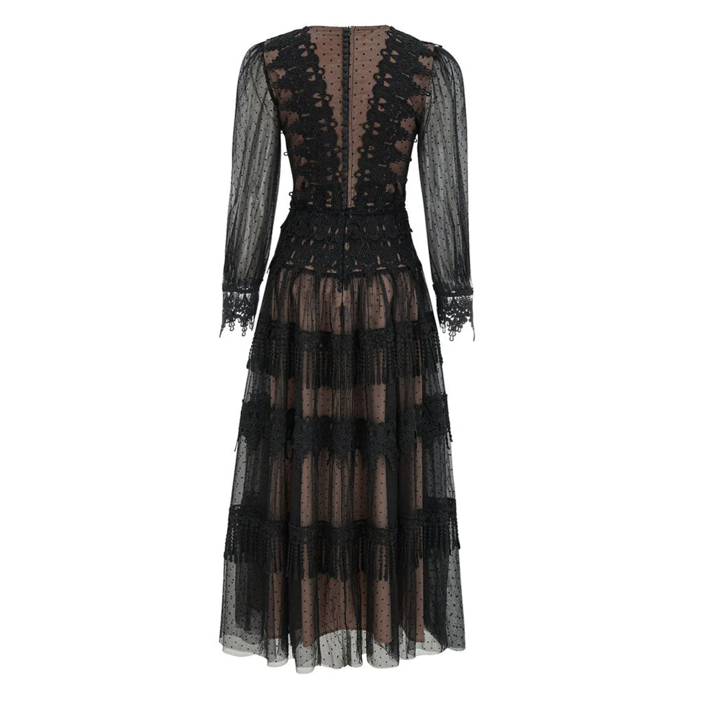 French Style Polka Dot Print Bishop Sleeve High Split Tassel Layered Lace Maxi Dress - Image 7