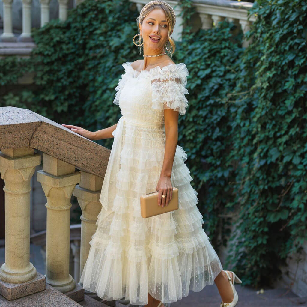 French Style Ruffle Off The Shoulder Short Sleeve Dotted Tulle Tiered Maxi Dress - Image 5
