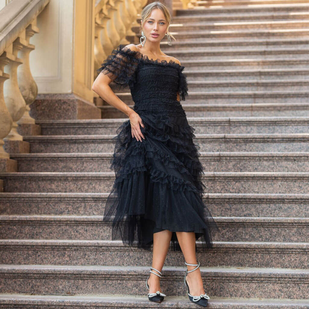 French Style Ruffle Off The Shoulder Short Sleeve Dotted Tulle Tiered Maxi Dress - Image 7