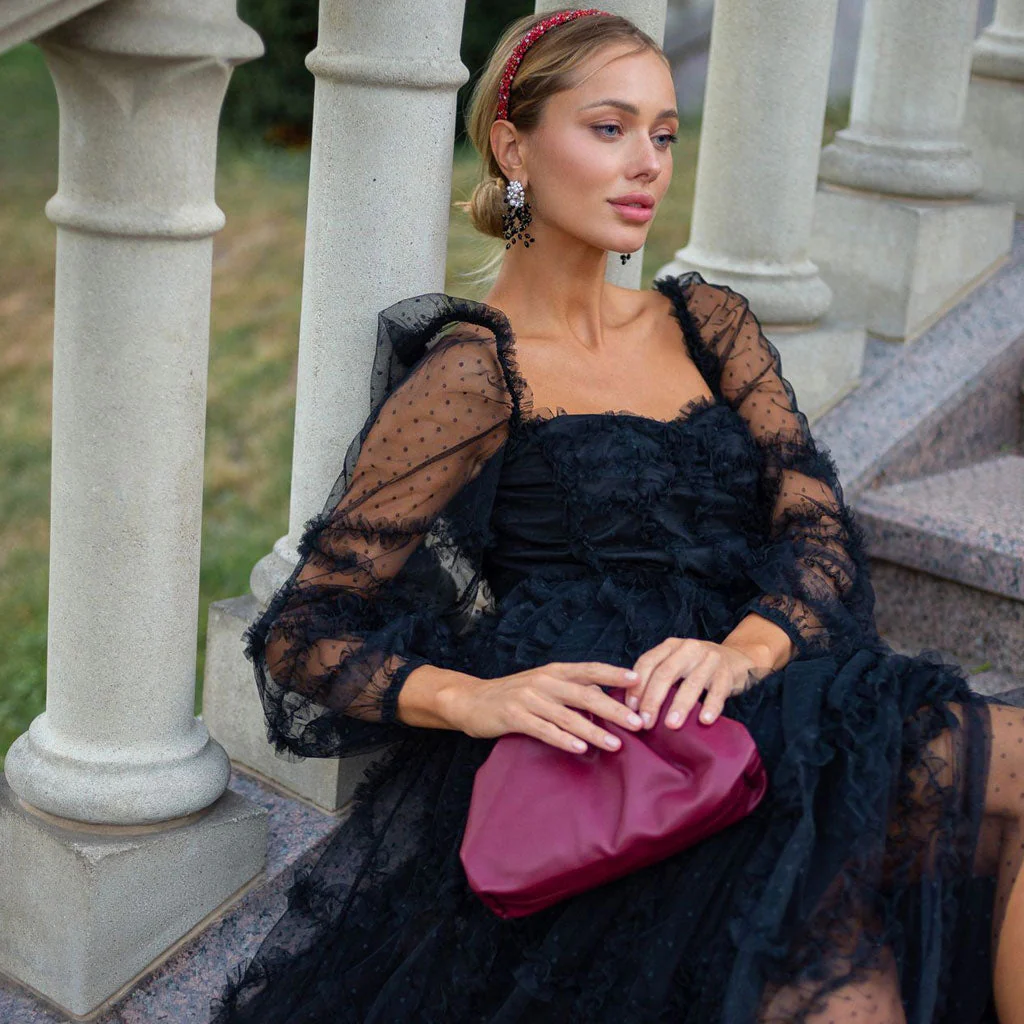 French Style Sweetheart Neck Bishop Sleeve A Line Ruffle Tiered Dotted Tulle Maxi Dress - Image 4