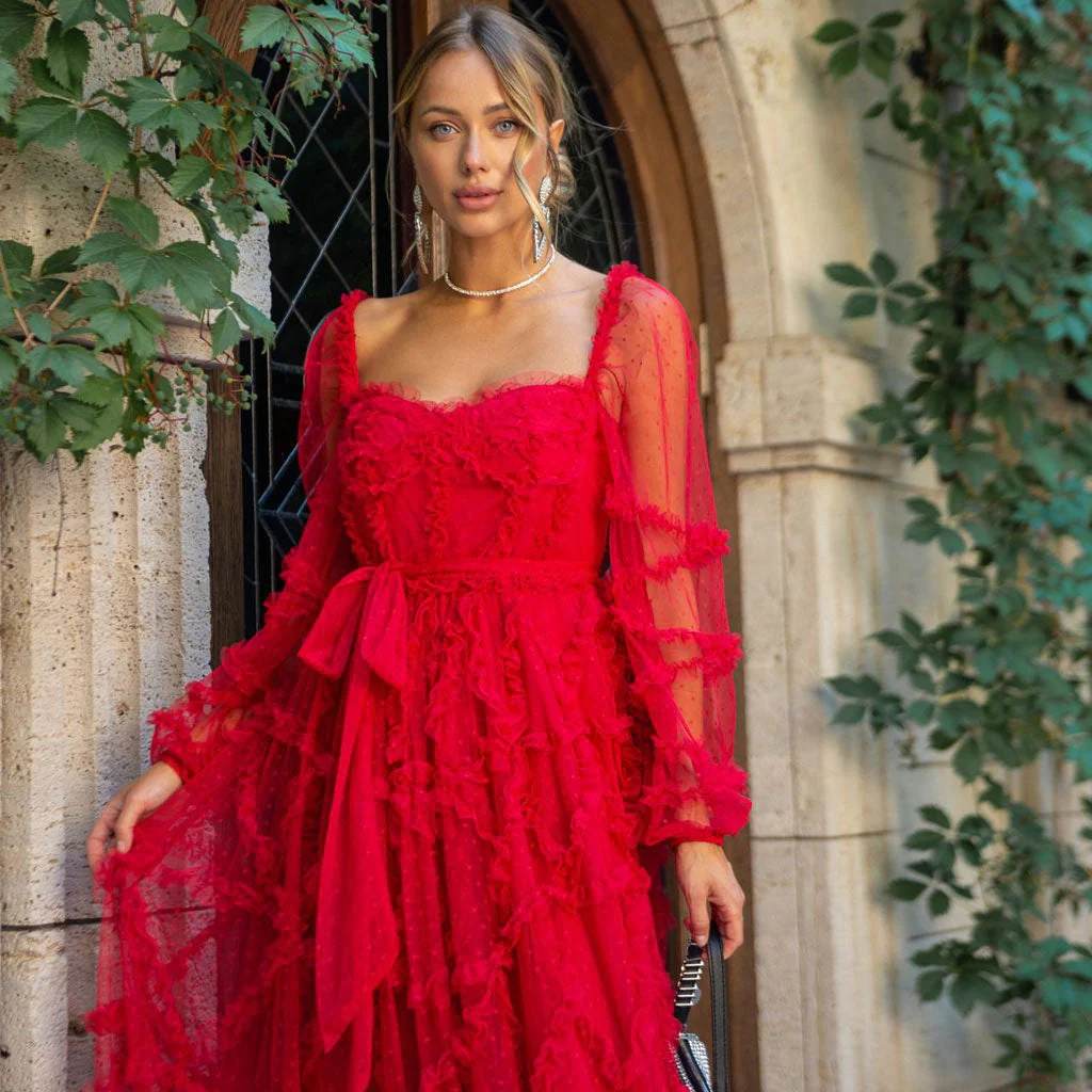 French Style Sweetheart Neck Bishop Sleeve A Line Ruffle Tiered Dotted Tulle Maxi Dress - Image 5
