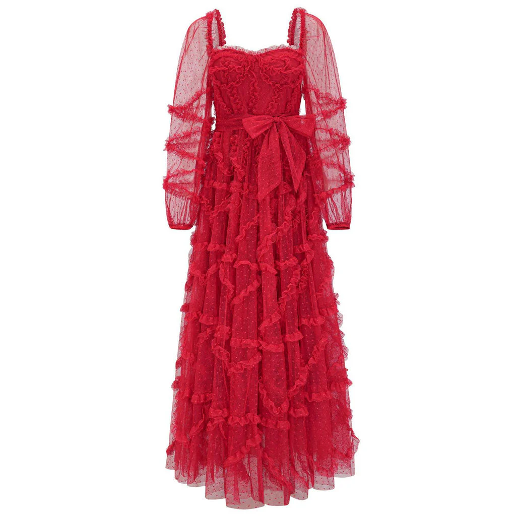 French Style Sweetheart Neck Bishop Sleeve A Line Ruffle Tiered Dotted Tulle Maxi Dress - Image 7